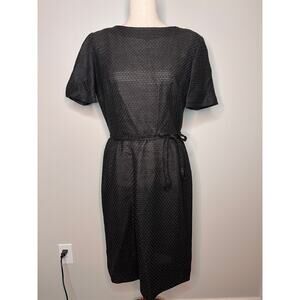 1950s L'Aiglon Linen Black Textured Eyelet Old Money Tea Party Volup Dress XL